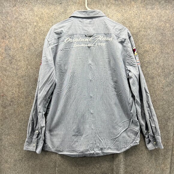 Phat Farm Shirt Men XL Gray Striped Pearl Snap Embroidered Patches Motorcycle - Picture 2 of 11